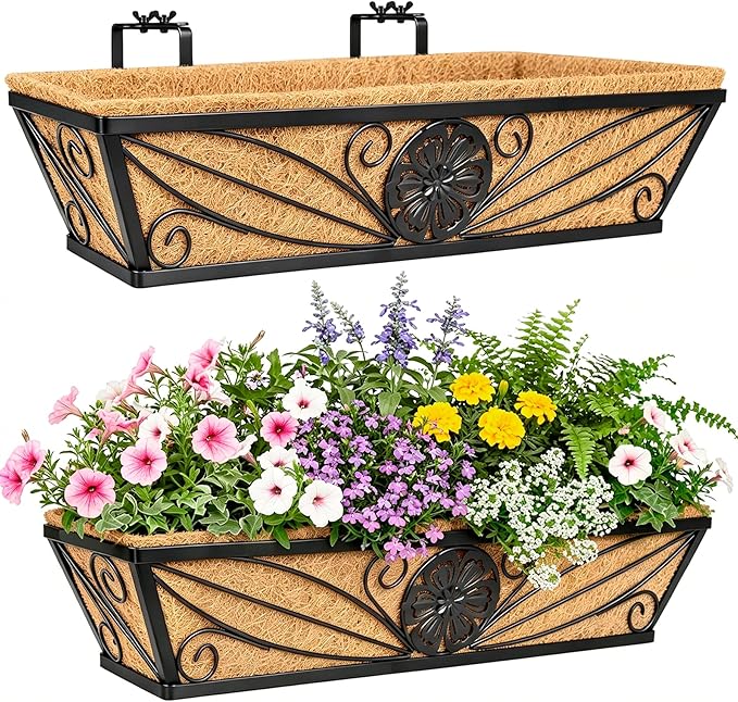 2 Pack 24 Inch Railing Planter Boxes with Coco Liner, Floral Scroll Metal Window Box Planters for Outdoor Plants, Black Hanging Window Baskets for Garden, Patio, Balcony Railing Decor