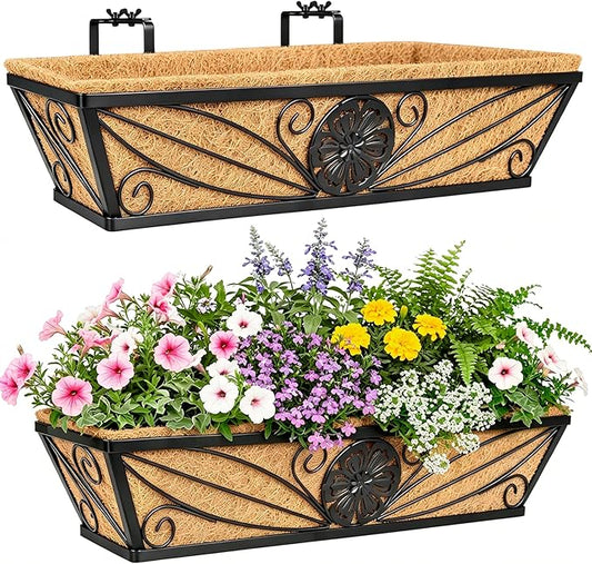 2 Pack 24 Inch Railing Planter Boxes with Coco Liner, Floral Scroll Metal Window Box Planters for Outdoor Plants, Black Hanging Window Baskets for Garden, Patio, Balcony Railing Decor