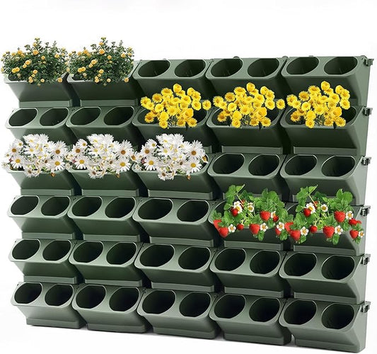 Briwooody 30 Set 60 Pocket Vertical Stackable Wall Planters Kit Outdoor Self Watering Plastic Planter Grow Hang Mount System for Strawberry Flower Vegetable Home Fence Balcony Wall Decor