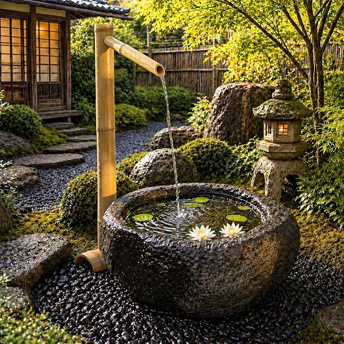 36'' Natural Bamboo Fountain Kit with Adjustable Split-Resistant Spout Quiet Pump and Tubing Japanese Water Feature for Zen Outdoor Patios Landscaping Garden Decor (Traditional)