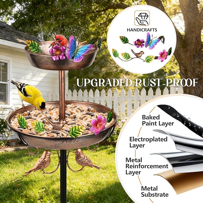 43" Bird Bath and Feeder for Outside 2-tier, 12" and 8" Dia Double Removable Bird Baths Outdoor, Vintage Water Bowl Birdbaths, Garden Patio Lawn Decor with Butterfly and Floral Bird Border Decorative