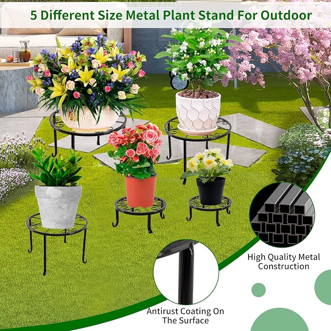 NSYOOMH 5 packs Rustproof Metal Plant Stands for Multiple Plant, Heavy Duty Plants Holder Outdoor Indoor, Round Wrought Iron Flower Planter Pot Stand, Corner Gardening Pumpkin Stand Black