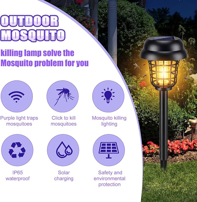 Qualirey 12 Pcs Solar Mosquito Zapper Outdoor Waterproof Solar Powered Bug Zapper Outdoor Mosquito Killer Lamp Trap Repellent Light for Garden Yard Insect (Purple and Warm Light,Black)
