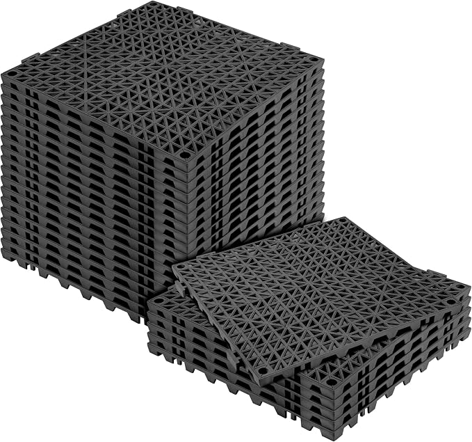MYFAMIREA Modular Interlocking Cushion 24 Pack 11.8" x 11.8" Rubber Floor Tiles Non-Slip Splicing Drainage Mats for Deck, Pool, Outdoor Shower, Patio, Balcony, Indoor Bathroom, Kitchen, Yard (Black)