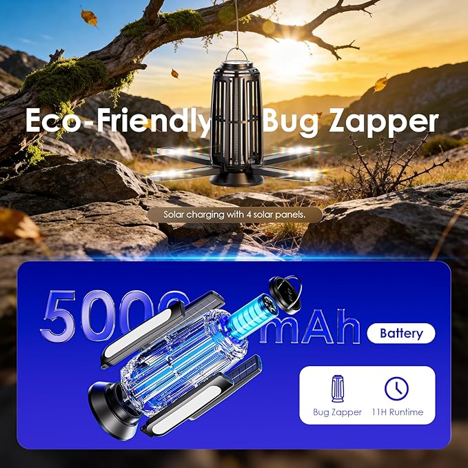 2 Pack Solar Bug Zapper Indoor & Outdoor, USB-C Rechargeable Mosquito Killer with 4-Sided Solar Panels, Waterproof Portable Fly Trap with LED Light for Patio, Garden, Camping & Backyard