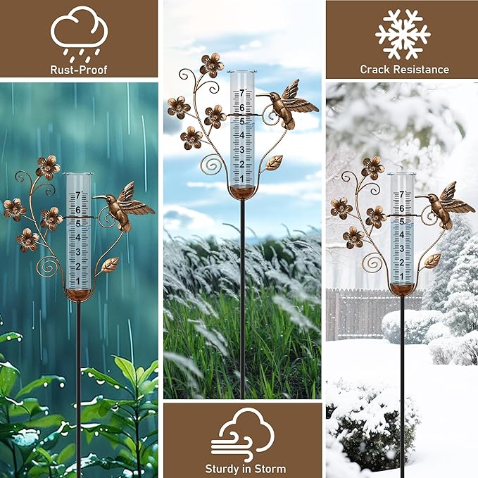 Rain Gauge Outdoor - 35" Large Hummingbird Decorative Rain Gauges Feezeproof, Metal Flower Water Gauge for Rain for Garden Yard Decor