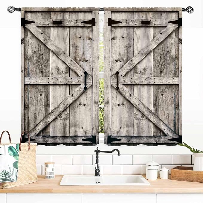 Barn Door Curtains, Farmhouse Rustic Gray Barn Door Country Cottage Western Barnwood Garage Blackout Window Treatments for Kitchen Living Room Bedroom Cafe, 55x39 Inch