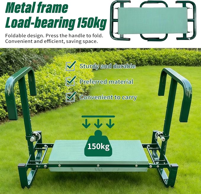 Adjustable Garden Kneeler and Seat, Foldable Garden Kneeler and Seat with Wider Kneeling Pad and 2 Tool Pouches Height Adjustable Heavy Duty Gardening Stool