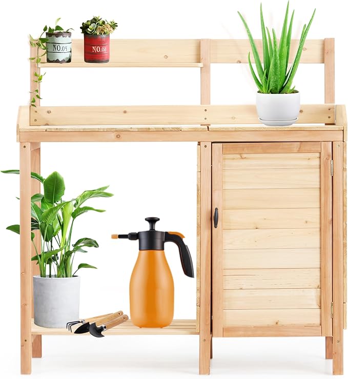42" Outdoor Potting Bench with Sink, Wooden Potting Table with Sliding Tabletop, Storage Cabinet & Bottom Shelf, Garden Work Bench for Patio Backyard Porch, Natural