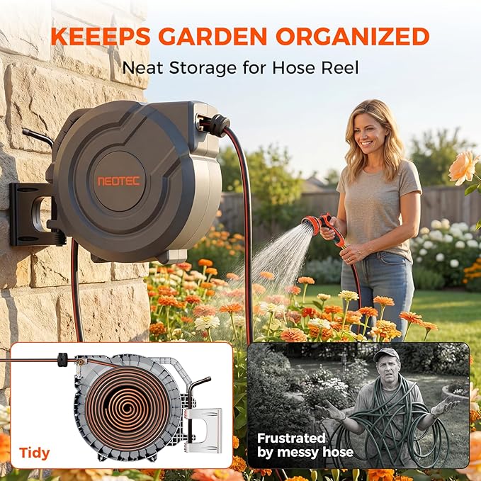 Upgraded Retractable Garden Hose Reel 1/2 inch x 155 ft 9 Pattern Nozzle Heavy Duty Metal Bracket Wall-Mounted Any Length Lock Automatic Slow Return 180° Swivel UV Resistant Hose Reels for Outside