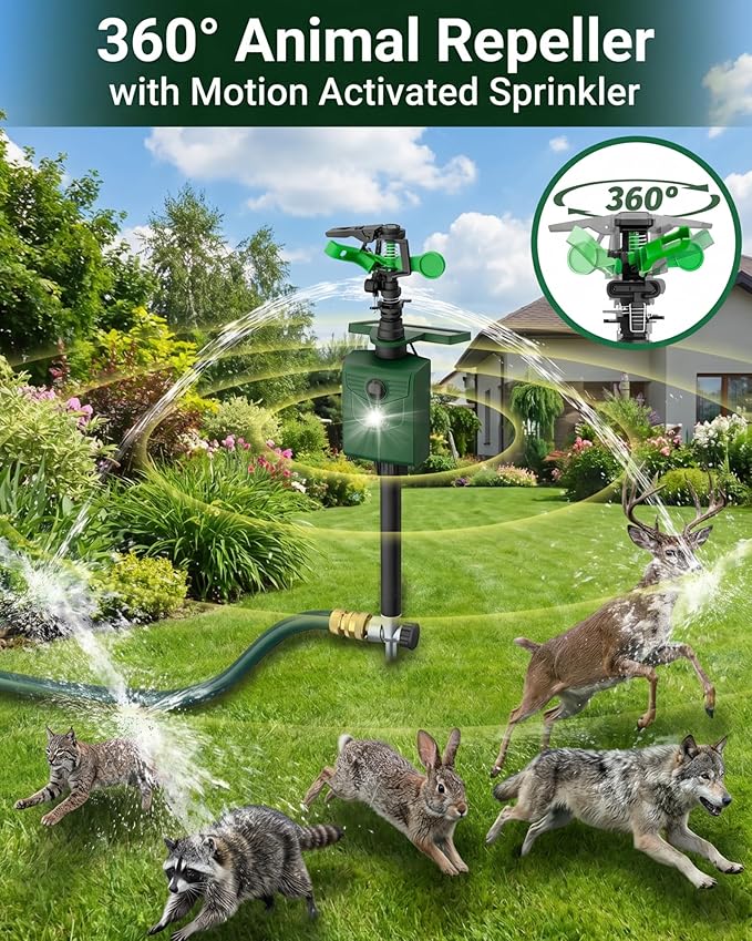 Motion Activated Sprinkler, Solar Animal Repellent Outdoor - 2 Packs Deer Cat Deterrent with Motion Sensor & Flashing Lights, IP65 Waterproof for Yard Garden Lawn Protection (Standard Model)