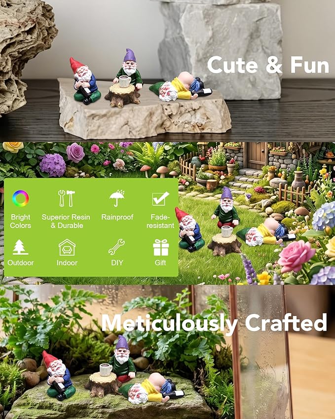 Garden Gnome Outdoor Figurines, Funny Miniature Fairy Garden Accessories, Resin 𝗗𝗿𝘂𝗻𝗸 Gnomes Statues for Micro Landscape, Outdoor Yard Lawn Planter Pot Decor, Novelty Gag Gift
