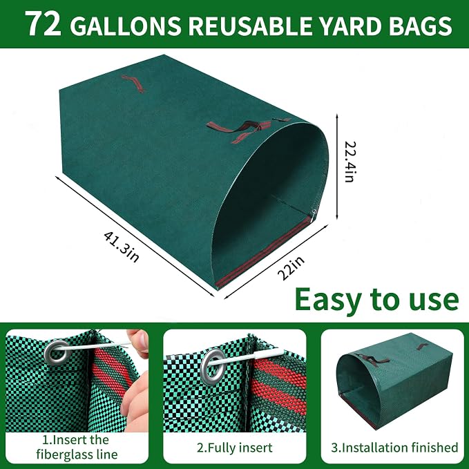 72 Gallon Reusable Yard Waste Bags 2 Pack, Heavy Duty Collapsible Lawn & Leaf Bag, No-Bend Dustpan Design with Support Rods, Foldable Garden Debris Bag for Grass Clippings, with Gardening Gloves