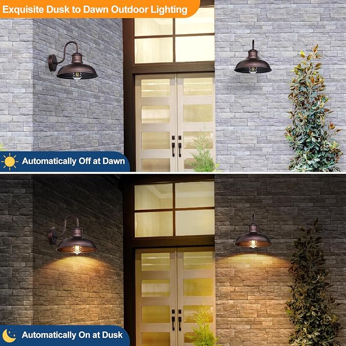 TOBUSA 2-Pack Dusk to Dawn Outdoor Wall Lights, Exterior Farmhouse Gooseneck Barn Light, Vintage Outside Wall Mount Light Fixture, Waterproof Outdoor Light for House Porch Garage, Distressed Brown