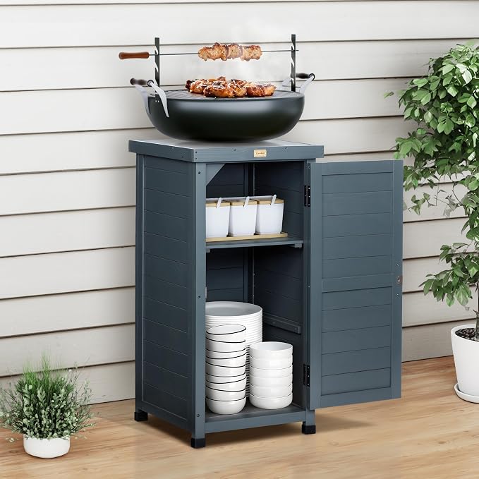 HABAU Outdoor Storage Cabinet, Potting Bench Table with Metal Tabletop & Shelves, Wooden Planting Workstation for Patio Garden, Weatherproof, Anthracite Grey