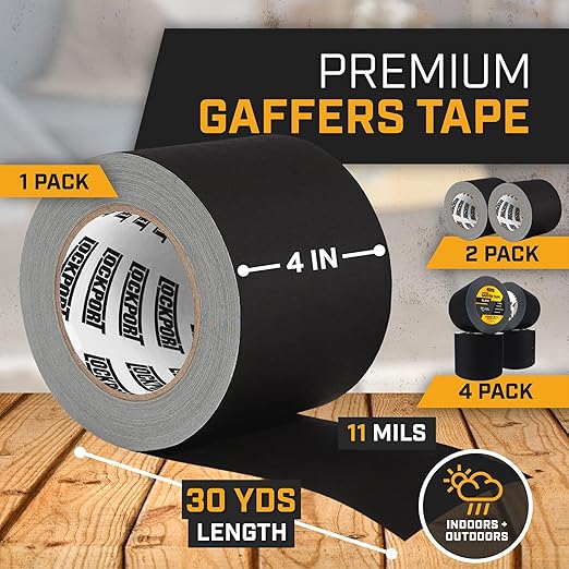 Lockport Black Gaffers Tape 4 inch x 30 Yards - 4 Pack Pro Black Gaff Tape - No Residue, Water Resistant, Non- Reflective, Easy Tear - Multipurpose Photography, Filming, Stage, Production, and More