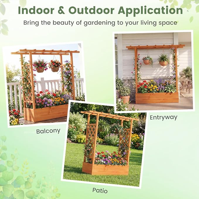Giantex Wooden Raised Garden Bed with Trellis & Hanging Roof, 2 Pack Fir Wood Planter Box, 45" Freestanding Elevated Garden Bed for Outdoor Climbing Plants Vegetables Flowers, Patio & Balcony, Orange