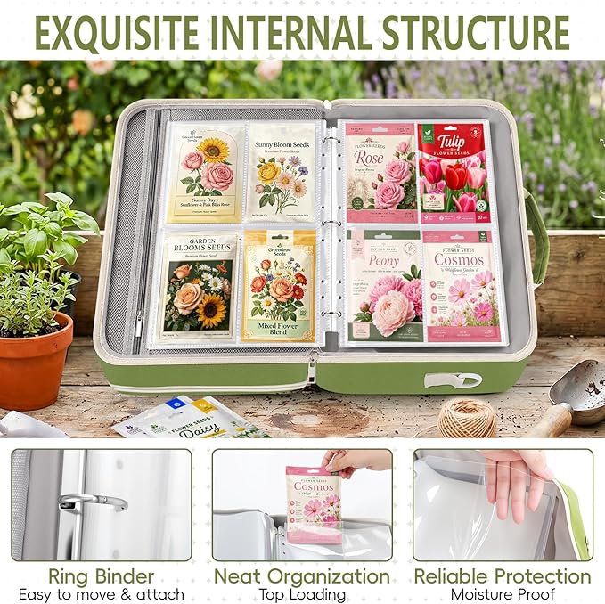 Seed Storage Organizer Binder, Seed Holder Organizer with 20 Pcs Reusable Seed Envelopes & 30 Pcs Sheets Protectors Holds 120 Packets, Garden Saving Binder Bag for Gardeners, Hobbyists, Organizers