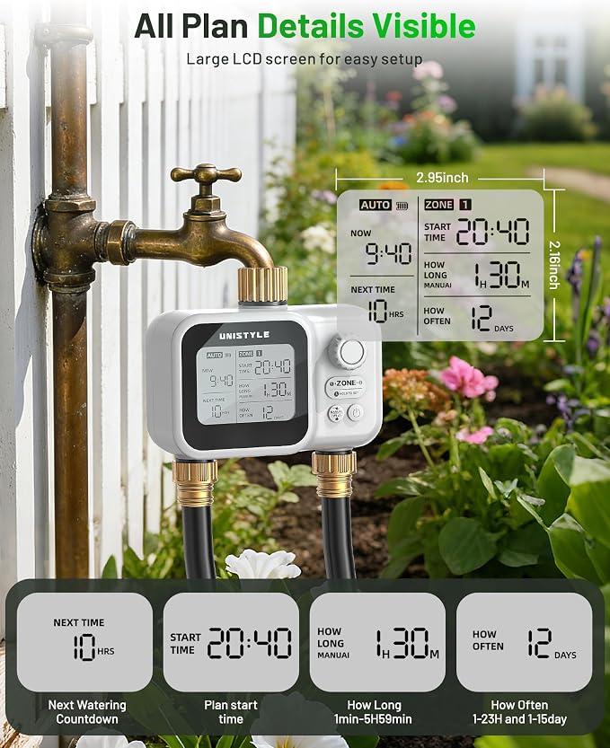 [All-New 2027] 2 Zone Sprinkler Timer with Brass Inlet, Low-Pressure Water Sources, Unistyle Ball Valve Water Timer for Garden Hose, Rain Delay, Manual Control, Automatic Irrigation for Hose Timers