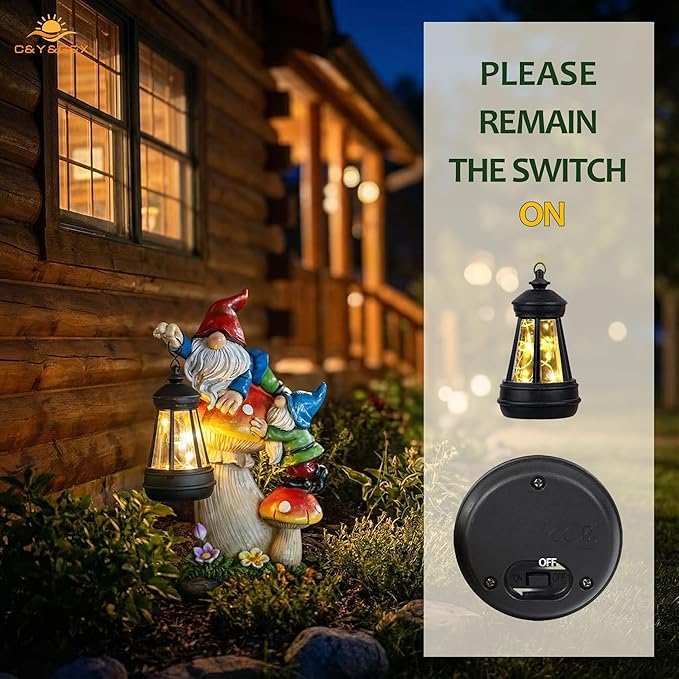 C&Y&G&X Solar Garden Gnome Statue, Waterproof Outdoor Mushroom Decor with Solar Lantern LED Lights, Resin Garden Gnome Yard Art for Lawn Patio Porch, Gifts for Mom Grandma Garden Lovers
