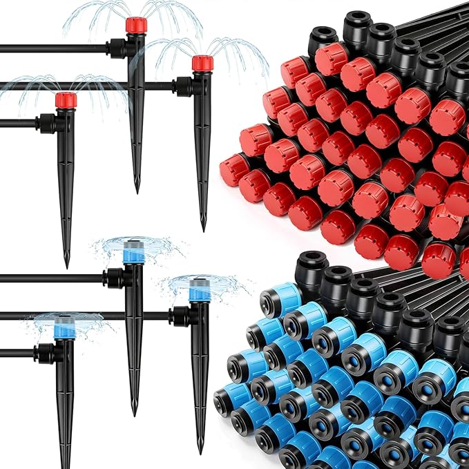 40 Pack Quick Connect 1/4 Inch Drip Irrigation Emitters Set, 20 Pcs 1/4'' Stream Emitters & 20 Pcs 1/4'' Vortex Emitters Adjustable 360 Degree Emitter on Stake for Garden Sprinkler Systems