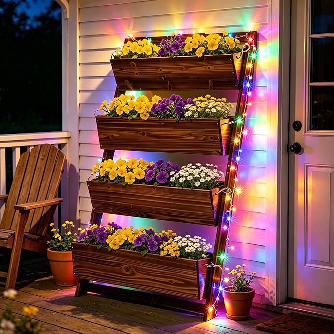 2026 Upgraded 4-Tier Wooden Vertical Raised Garden Bed with 11-Mode LED Lights and 3 Timer Settings, 51" H Wall-Leaning Tiered Planter Box with Tilt-Out Boxes, Liner & Drainage Holes for Patio