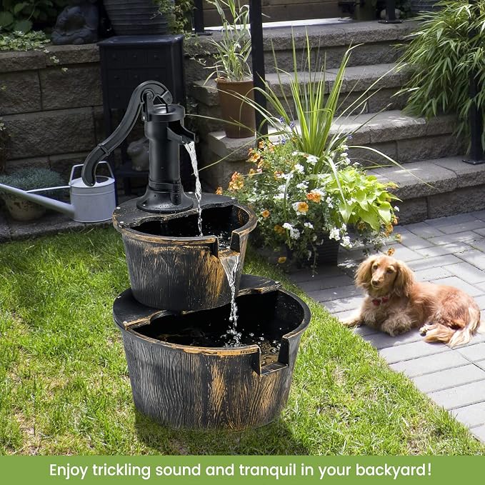 Tangkula 2-Tier Water Fountain Outdoor, Rustic Wood Cascading Waterfall Fountain with Electric Pump, Outside Water Feature with Decorative Hand for Garden Patio Backyard (Plastic)
