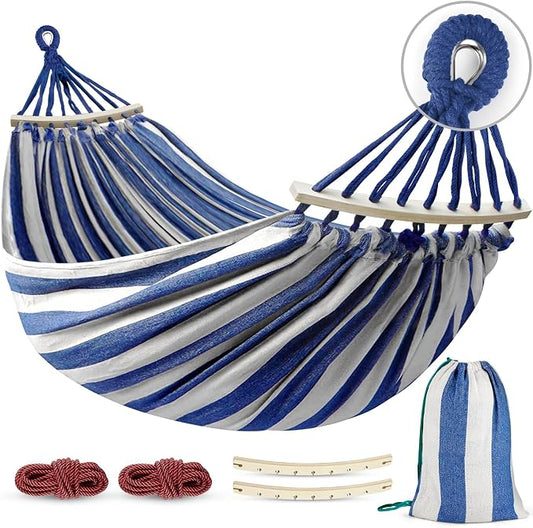 MOSFiATA Hammocks Portable Camping Hammock Upgraded 550lb Comfortable Fabric Hammock with Two Anti Roll Balance Beam and Sturdy Metal Knot Tree Straps for Camping, Patio, Backyard, Outdoor(Blue White)