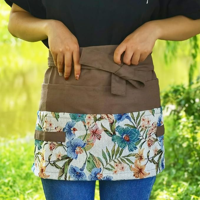 Garden Apron for Woman, Serve Apron Cute, Flora Half Apron with 8 Pockets, Valentines Gift for Mom Wife Girlfriend