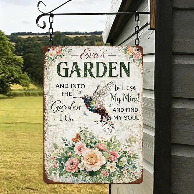 Garden Signs Hummingbird Floral Gardening Tin Signs Outdoor Funny Signs "And Into The Garden I Go To Lose My Mind And Find My Soul" for Home Garden Patio Fence Yard Decor 8 X 12 Inch
