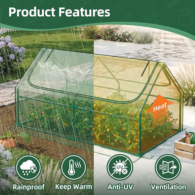 Superlele Mini Greenhouse for Outdoor, 6x3x3FT Portable Greenhouse with 2 Large Zipper Doors, Reinforced Green PE Mesh Cover for Plant Protection and Winter Gardening, Ideal for Raised Garden Bed