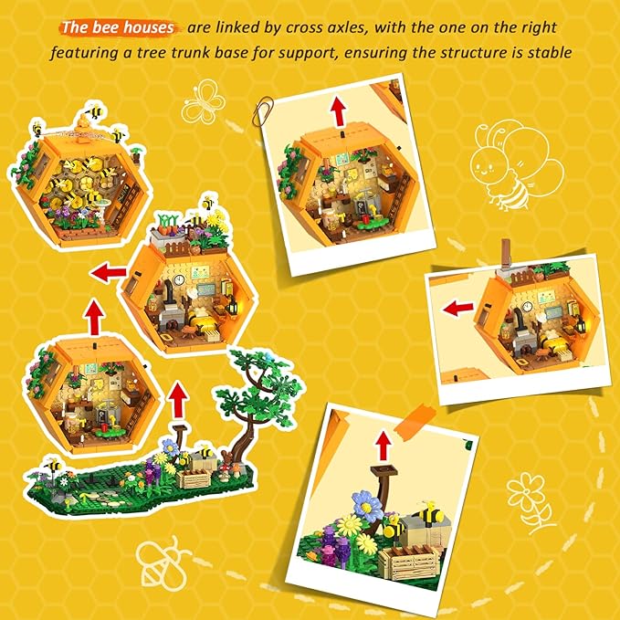 INSOON Bee Farm House Building Set with Light, 1773PCS Honey Cabin Building Block Toy with Flower Botanical Animals, Home Decor Treehouse Construction Model Kit, Gift for for Adults Boys Girls 12+