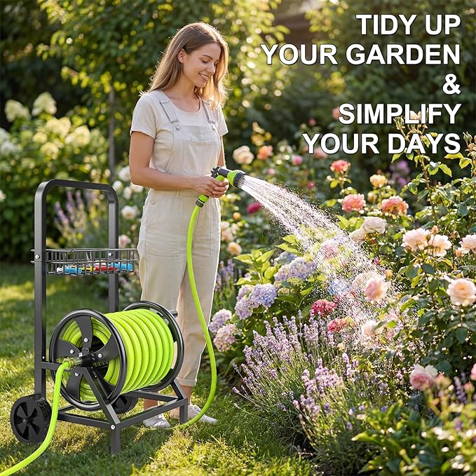 Garden Hose Reel Cart, Heavy Duty Hose Reel with Wheels, Hold Up to 200 ft of 1/2’’ Hose, Mobile Hose Reel Cart for Outside, Metal Water Hose Reel with Storage Basket for Backyard, Garden, Lawn