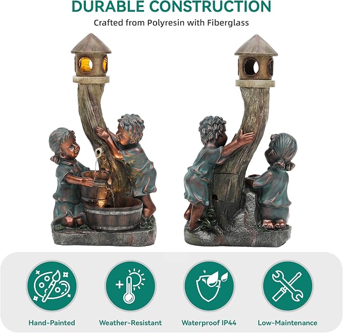 31" H Boy & Girl Outdoor Water Fountain with LED Lights, Faux Bronze Resin Statue Fountain, Wood Barrel & Pagoda Design, 3-Tier Cascading Waterfall for Serene Patio, Yard and Porch