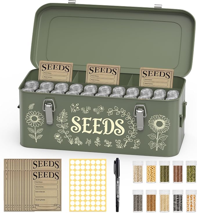 Seed Storage Organizer Box, 4 Compartment Locking Metal Case | Heirloom seed bank organizer provides professional greenhouse storage for master gardeners to secure valuable vegetable packs