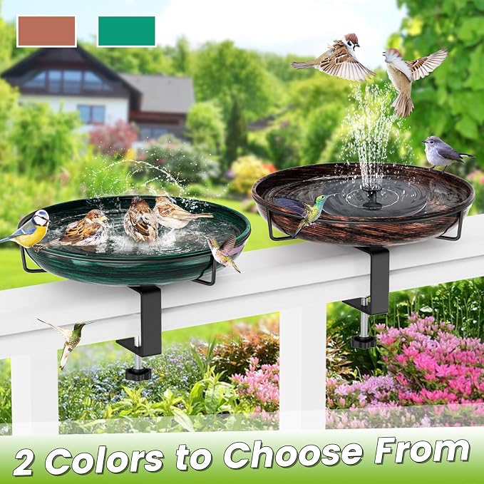 Deck Mounted Metal Bird Bath for Outside, Detachable Birdbath Bowl with Adjustable Steel Clamp, Outdoor Bird Feeder for Railing Balcony Fence Yard Art Garden Decor (Vintage Green)