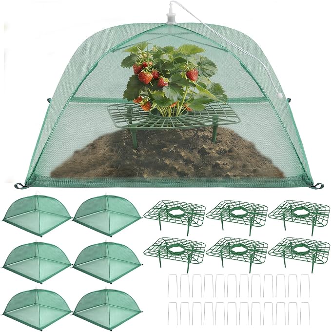 6 Sets Strawberry Plant Support with Mesh Plant Cover, Strawberry Growing Rack Kit with 24 Iron Plant Nails for Garden, Strawberry Growing Frame with Protective Net for Strawberries Tomatoes Veggies