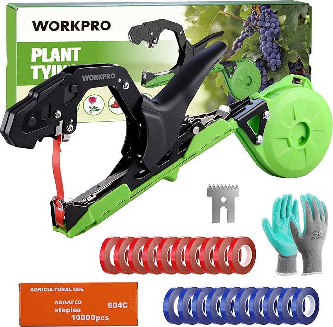 WORKPRO Plant Tying Machine, Lightweight Tape Gun for Tying Vines and Support Plants, Includes Gloves, 20 Rolls of Tape, 10,000 Staples, Ideal for Tomatoes, Grapes, Cucumber and Vegetables
