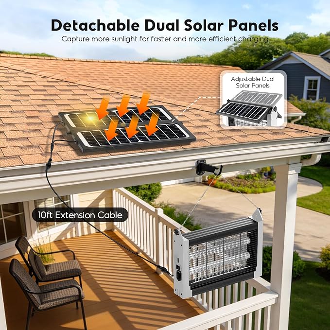 Solar Bug Zapper Outdoor, 4500V Electric Mosquito Zapper with Dual Solar Panels & USB Charging, Auto On/Off Mosquito Killer, IPX5 Waterproof Fly Trap for Backyard Patio Garden Camping, 1 Acre