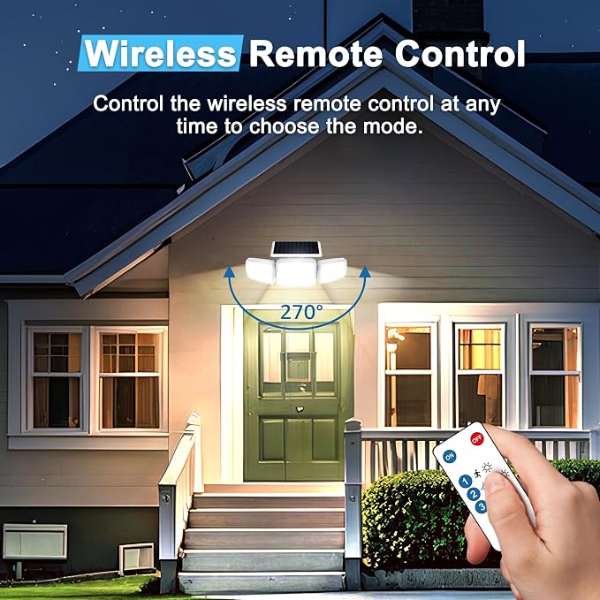 JEJOT White Solar Security Light Outdoor Super Bright LED, Motion Sensor Flood Light, 3 Heads 270° Wide Angle, Remote Control, IP65 Waterproof, 3 Modes (1 Packs)
