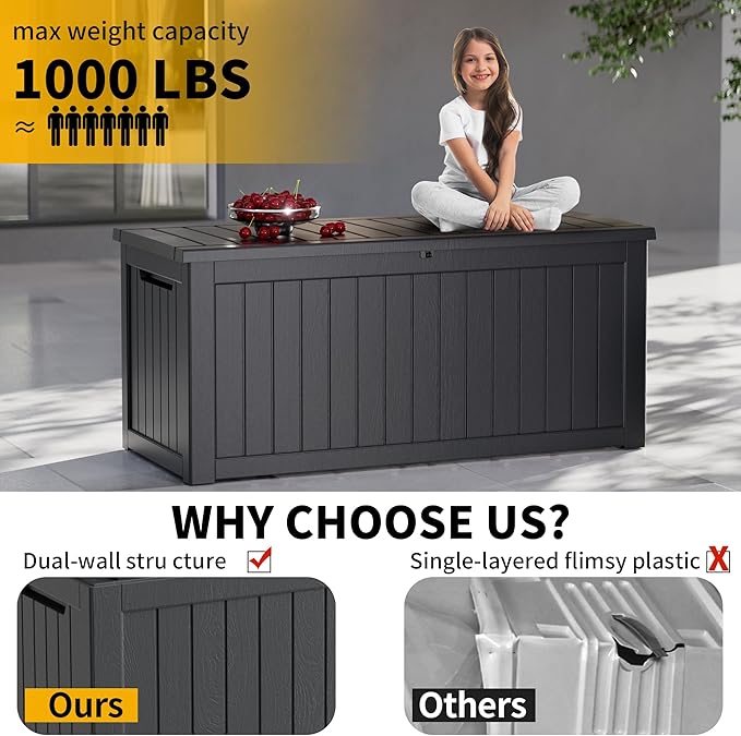 270 Gallon Outdoor Storage Box Waterproof, Lockable Resin Deck Box Large Storage Bin for Patio Furniture Cushion, Garden Tools, Pool Accessories, UV-Resistant, Black