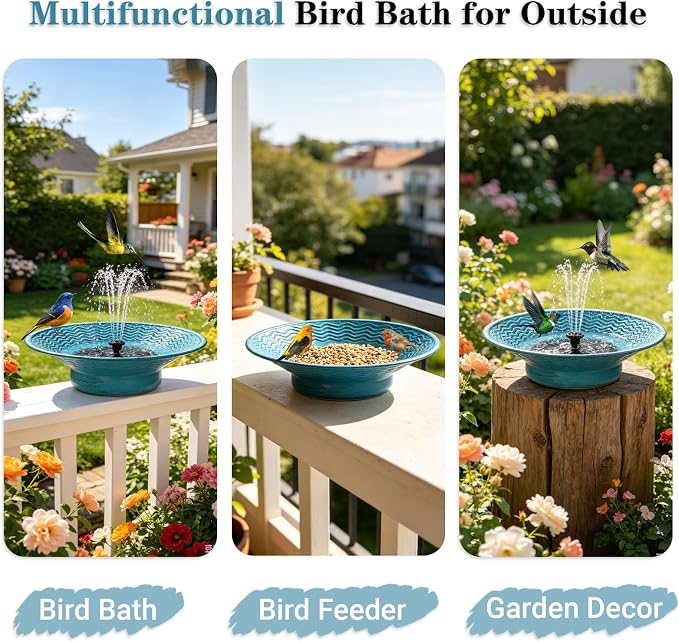 Solar Bird Bath for Outside, 12.4" Outdoor Garden Metal Bird Bath Bowl Fountain, Solar Powered Bird Bath Fountain for Garden Patio Decor, (Blue)