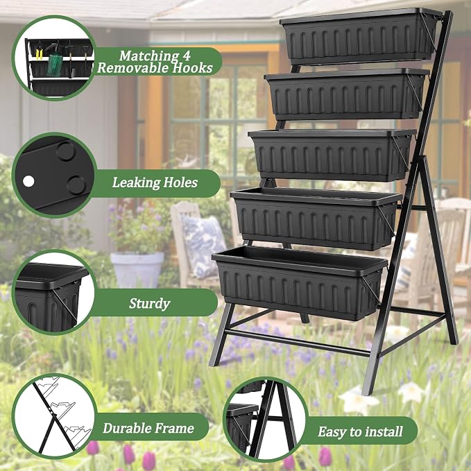 TEANDE Vertical Raised Garden Bed, 5-Tier Elevated Planter Box w/Drainage System & 4 Hooks for Herbs Vegetables Flowers, Vertical Garden Planter for Patio Yard Indoor Outdoor