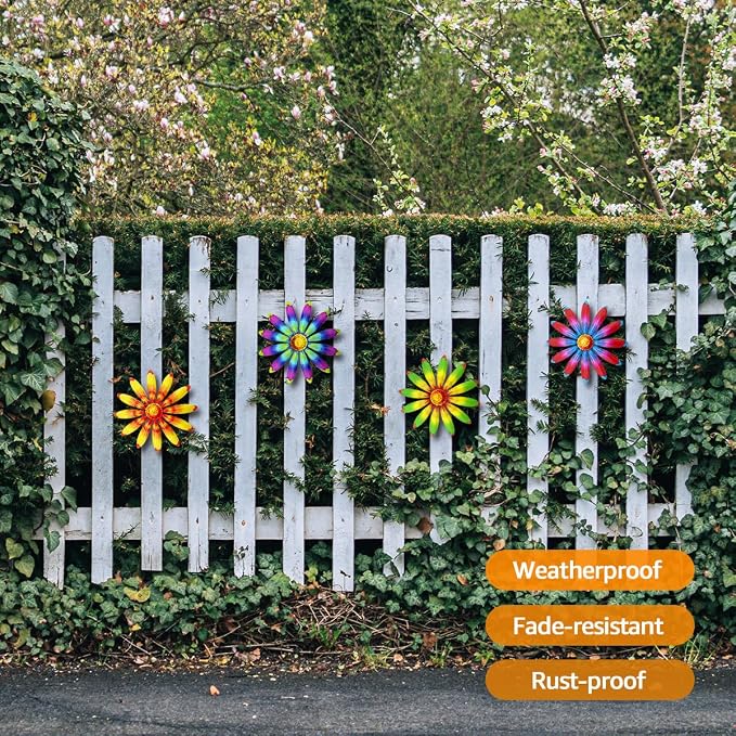 Giyyomtr Metal Flowers Wall Decor - 4pcs Metal Sunflowers Wall Art Hanging Decorations for Outdoor Fence Garden Yard Patio Exterior Wall Decor