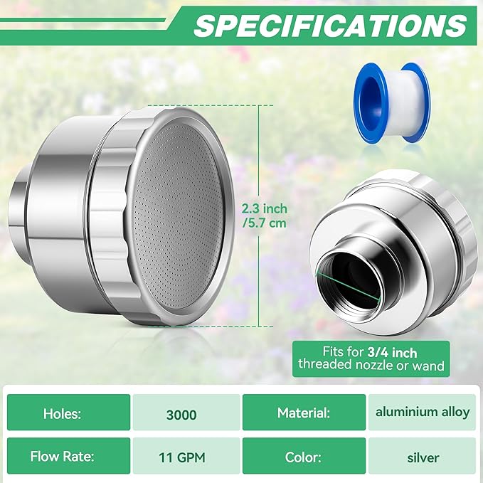 Dreyoo 1 Pack Water Nozzle with 3000 Tiny Holes, 3/4'' Aluminium Alloy Garden Hose Shower Head with PTFE Thread Seal Tape for Outdoor Watering Flowers, Plants, Greenhouse, Nurseryman (2.24'',Silver)