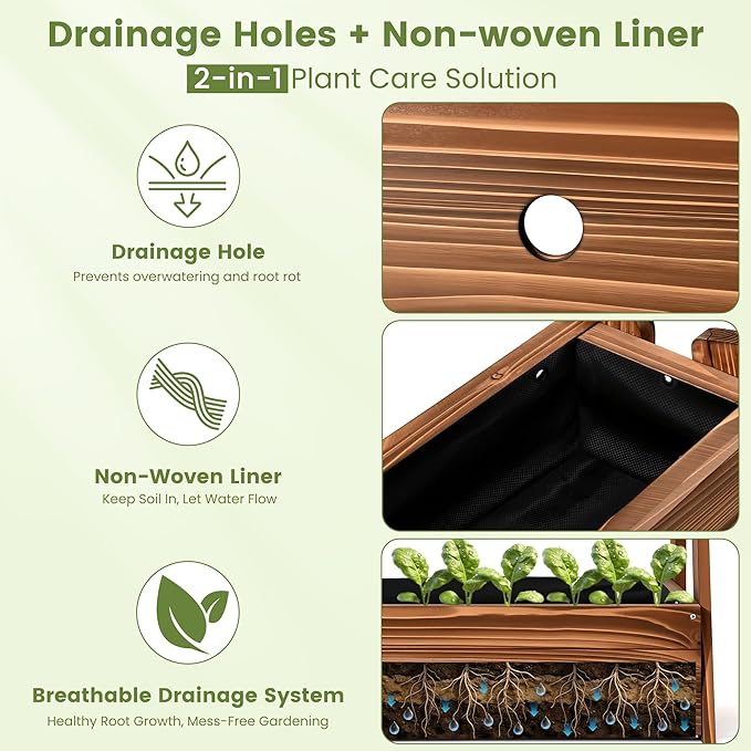 2-Tier Elevated Raised Garden Bed, 36" H Fir Wood Planter Box with 23" Large Growing Space, Drainage Holes & Non-Woven Liner, Outdoor Flower Bed & Herb Garden Planter for Patio Balcony Backyard
