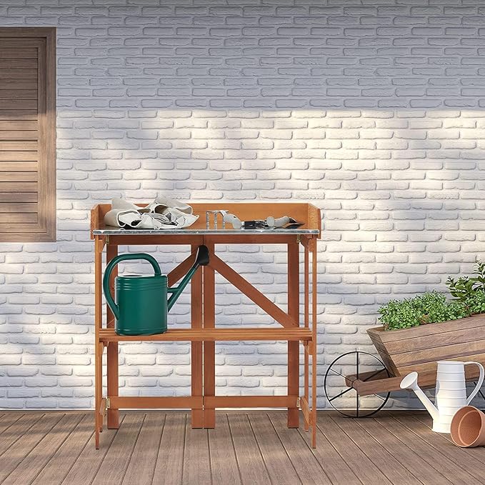 Folding Potting Bench Table, Outdoor Workstation with Galvanized Tabletop and Storage Shelf for Garden, Deck, Balcony, Easy Assembly