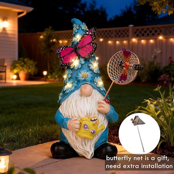 Garden Gnome Statues Outdoor Decor Solar Gnomes with Butterfly on LED Lighted Flowers, Resin Blue Gnomes Sculpture for Patio Yard Lawn Onament Decoration