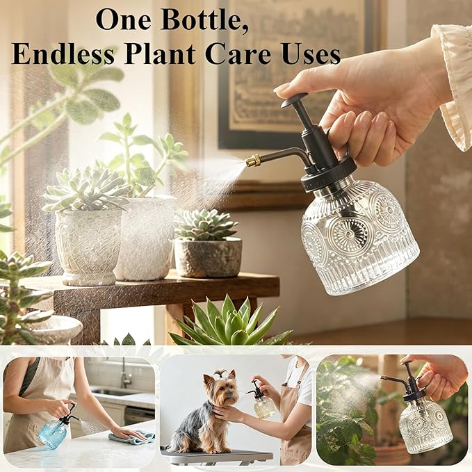 Amolliar Glass Plant Mister Spray Bottle, Vintage Refillable Leak Proof Watering Can for Indoor Plants, Houseplants, Gardening, Cleaning, Hair & Pet Care with Mist Nozzle (Clear-Black Pump)