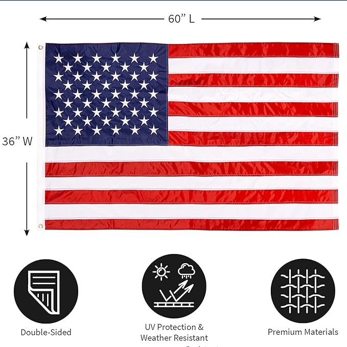 Evergreen Flag American Flag 3'x5' Estate Size with 2 Grommets | Heavy Duty Outdoor Flag | Embroidered Stars and Stripes and Quadruple Stitched Edge | USA Residential or Commercial